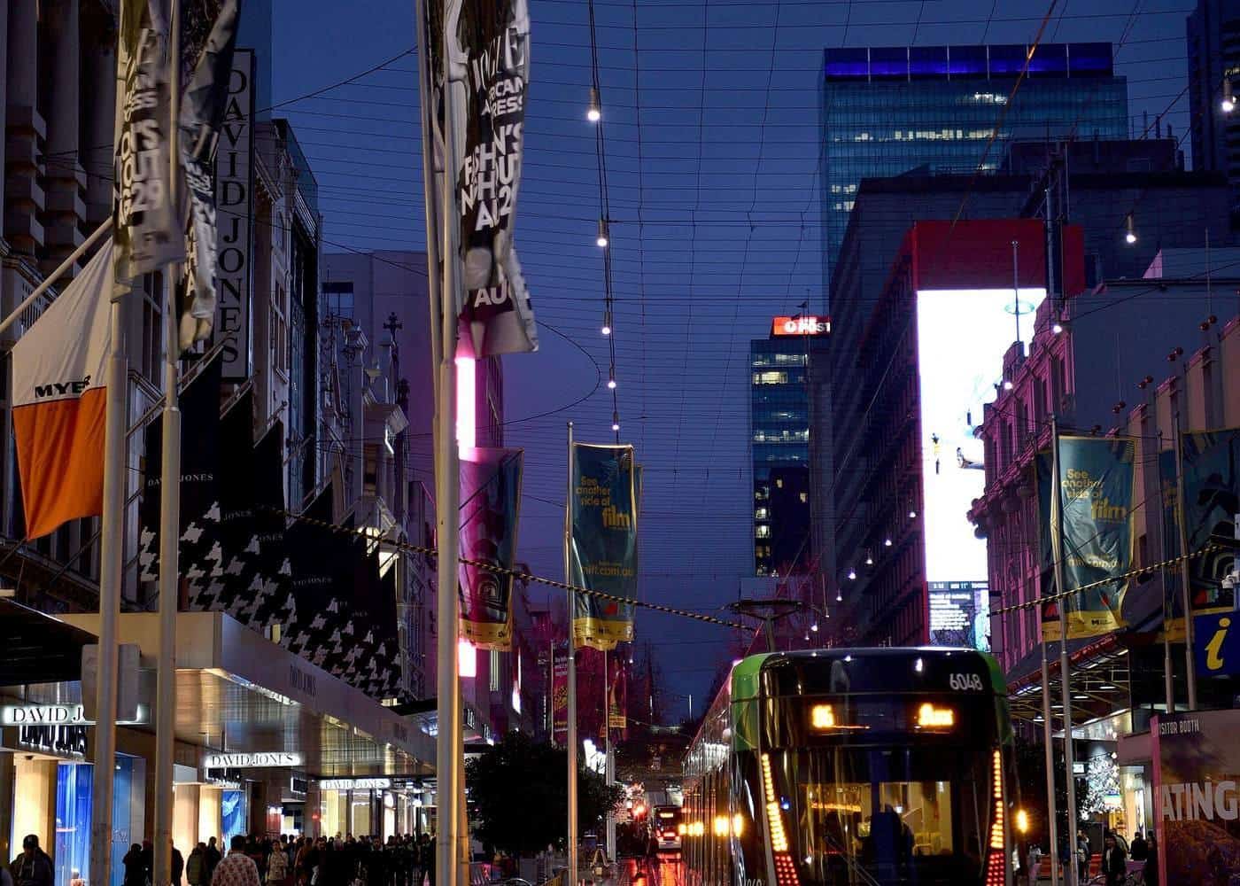A tram on Bourke Street, Melbourne, at night